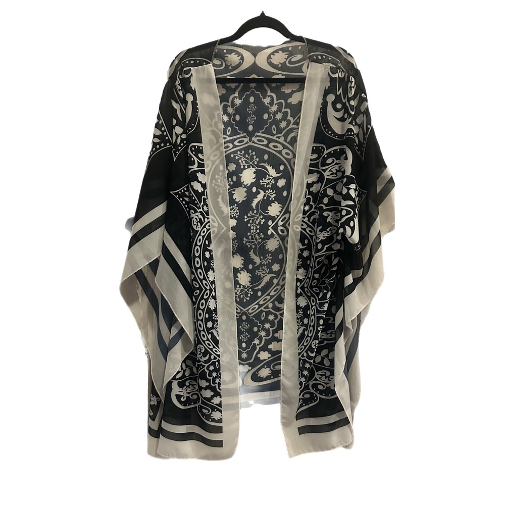 Black White Paisley Bandana Print Sheer Kimono Wrap